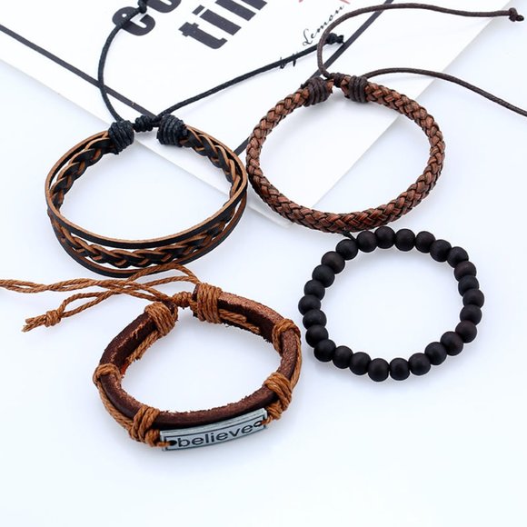 4pcs Men's Multilayer Leather Bracelet (Believe)  - ADJUSTABLE SIZE - Picture 5 of 5